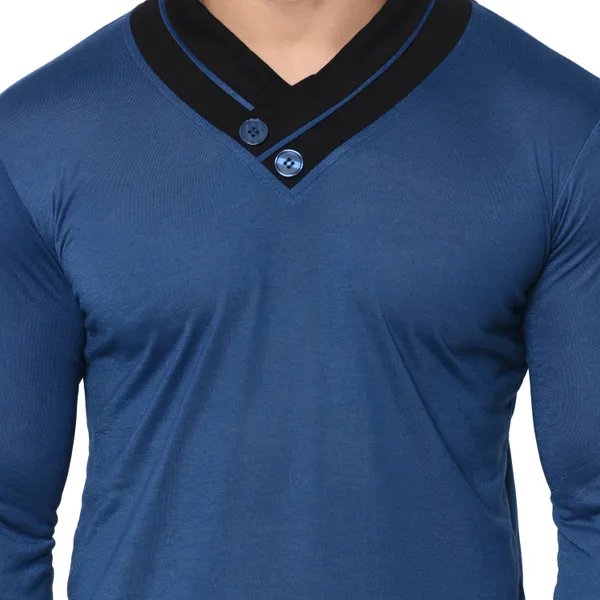 Dark_Blue_Colorblock_Shawl_Neck_Regukar_Fit_T-Shirt_For_Men