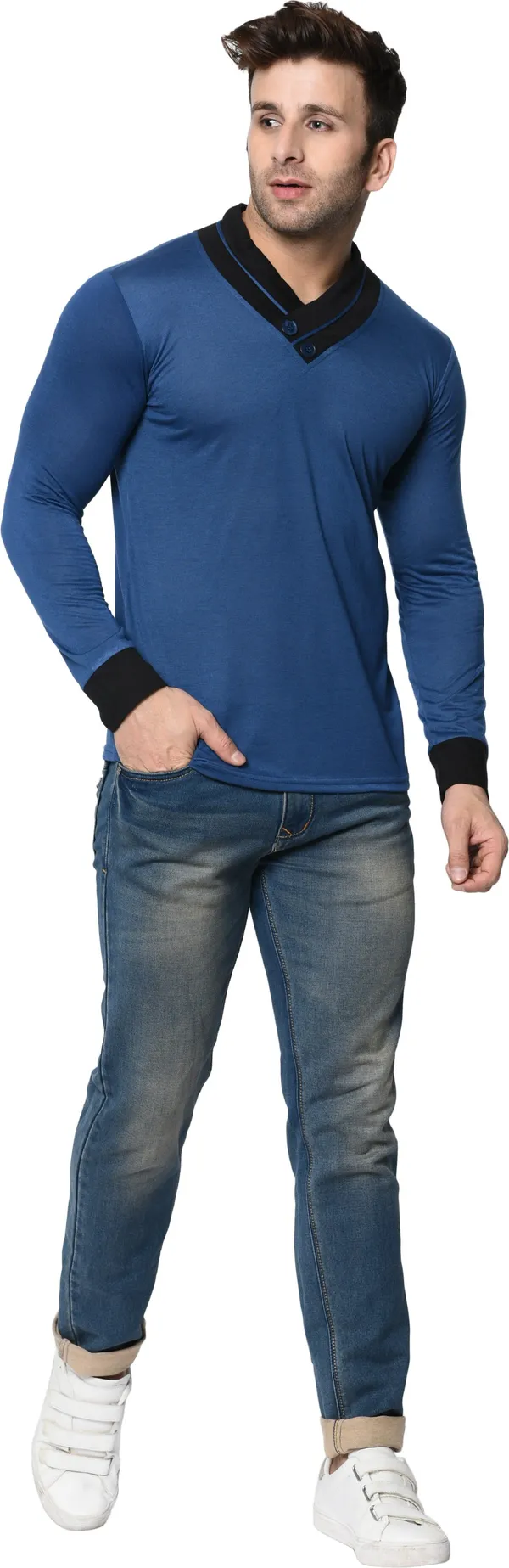 Dark_Blue_Colorblock_Shawl_Neck_Regukar_Fit_T-Shirt_For_Men