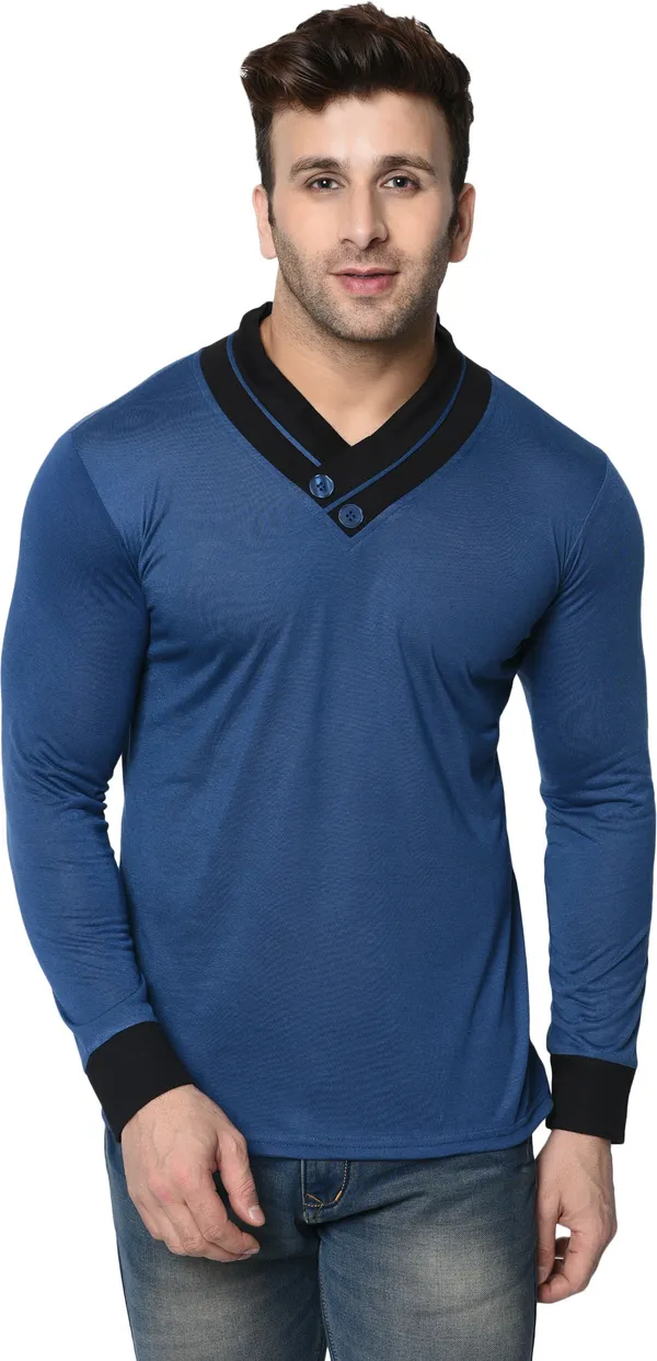 Dark_Blue_Colorblock_Shawl_Neck_Regukar_Fit_T-Shirt_For_Men