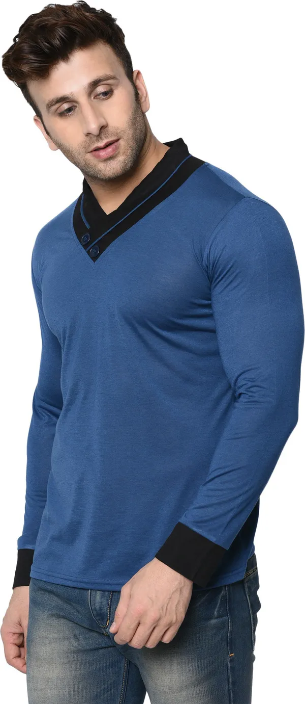 Dark_Blue_Colorblock_Shawl_Neck_Regukar_Fit_T-Shirt_For_Men