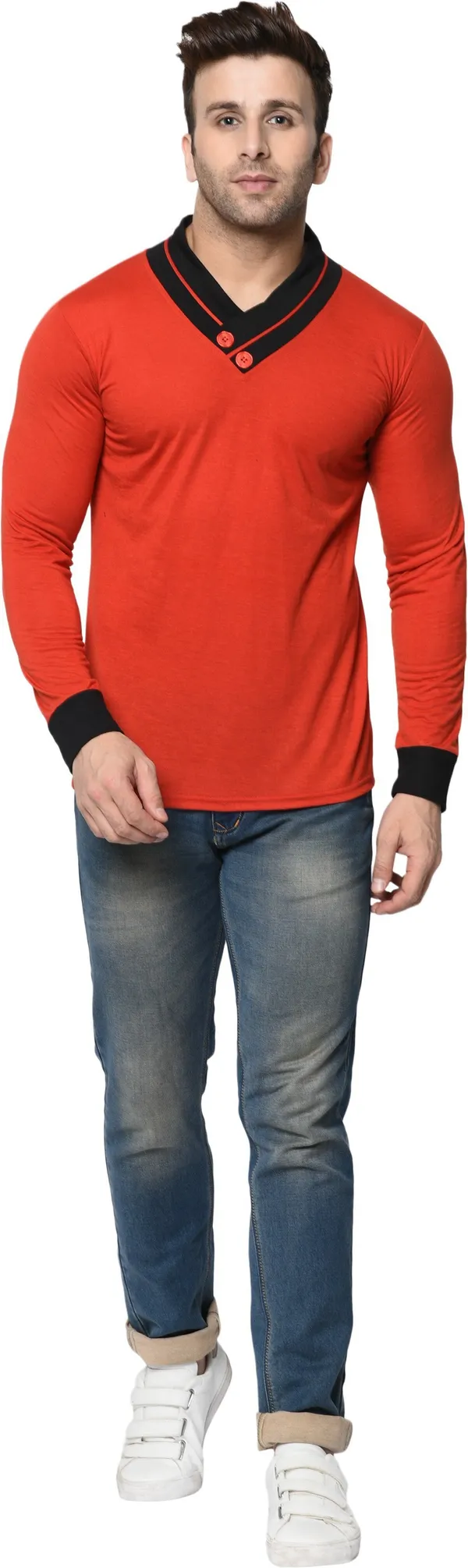 Red_Colorblock_Shawl_Neck_Regukar_Fit_T-Shirt_for_men