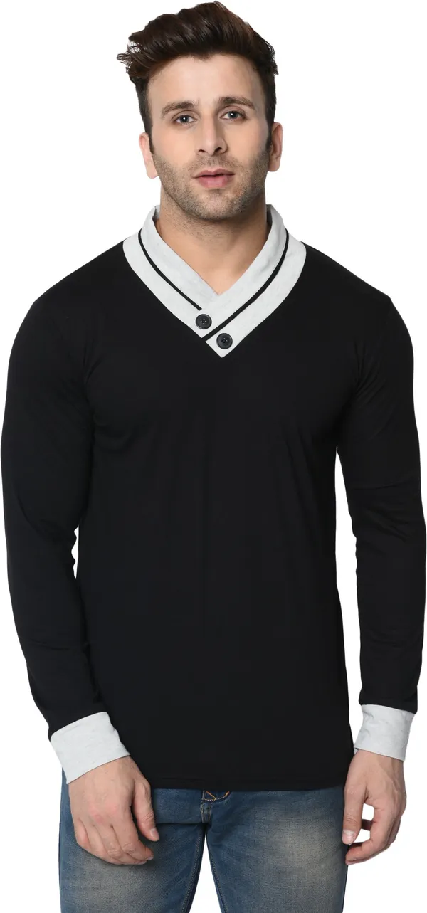 Black_Colorblock_Shawl_Neck_Regukar_Fit_T-Shirt_For_Men