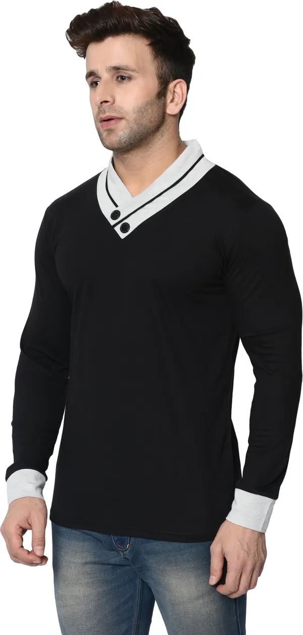 Black_Colorblock_Shawl_Neck_Regukar_Fit_T-Shirt_For_Men