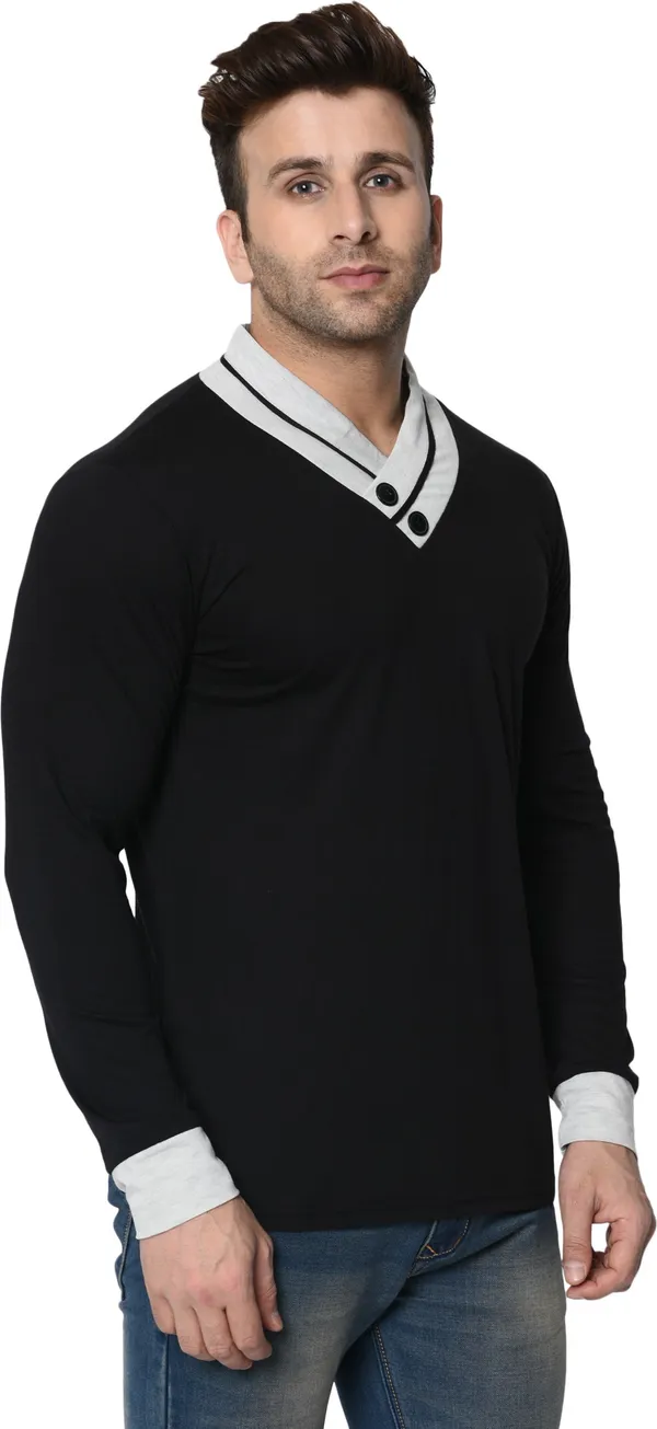 Black_Colorblock_Shawl_Neck_Regukar_Fit_T-Shirt_For_Men