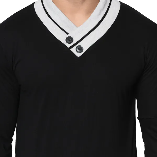 Black_Colorblock_Shawl_Neck_Regukar_Fit_T-Shirt_For_Men