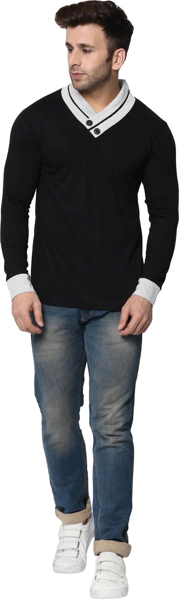 Black_Colorblock_Shawl_Neck_Regukar_Fit_T-Shirt_For_Men