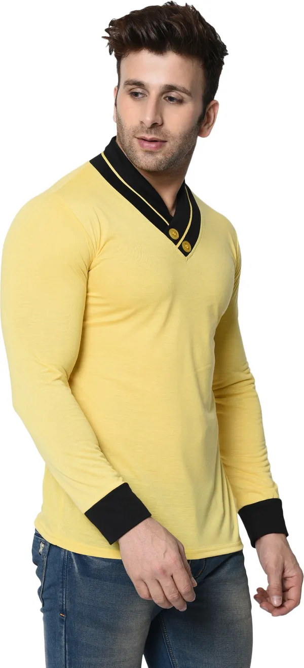 Yellow_Colorblock_Shawl_Neck_Regukar_Fit_T-Shirt_For_Men