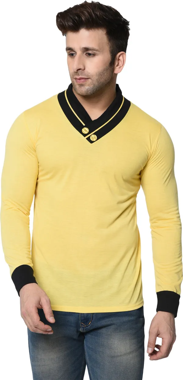 Yellow_Colorblock_Shawl_Neck_Regukar_Fit_T-Shirt_For_Men