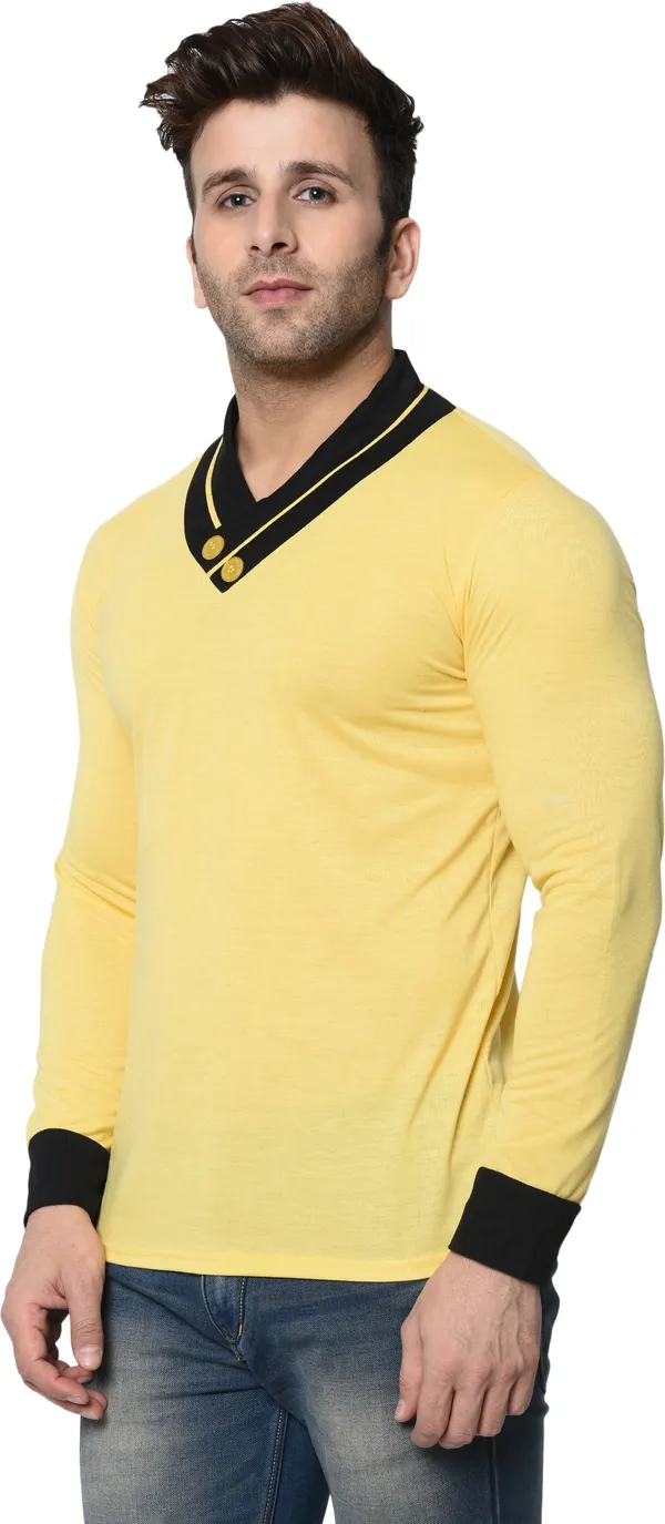 Yellow_Colorblock_Shawl_Neck_Regukar_Fit_T-Shirt_For_Men