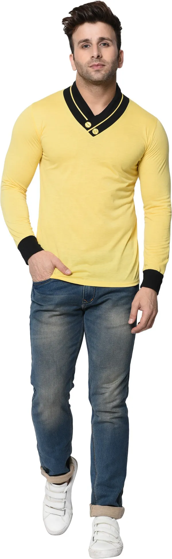 Yellow_Colorblock_Shawl_Neck_Regukar_Fit_T-Shirt_For_Men