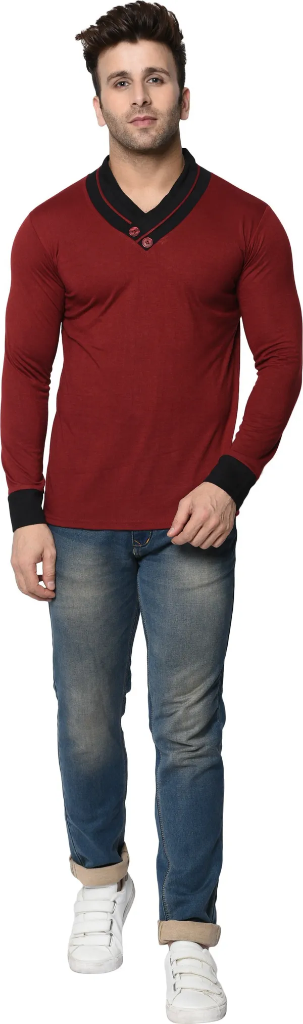 Maroon_Colorblock_Shawl_Neck_Regukar_Fit_T-Shirt_for_men