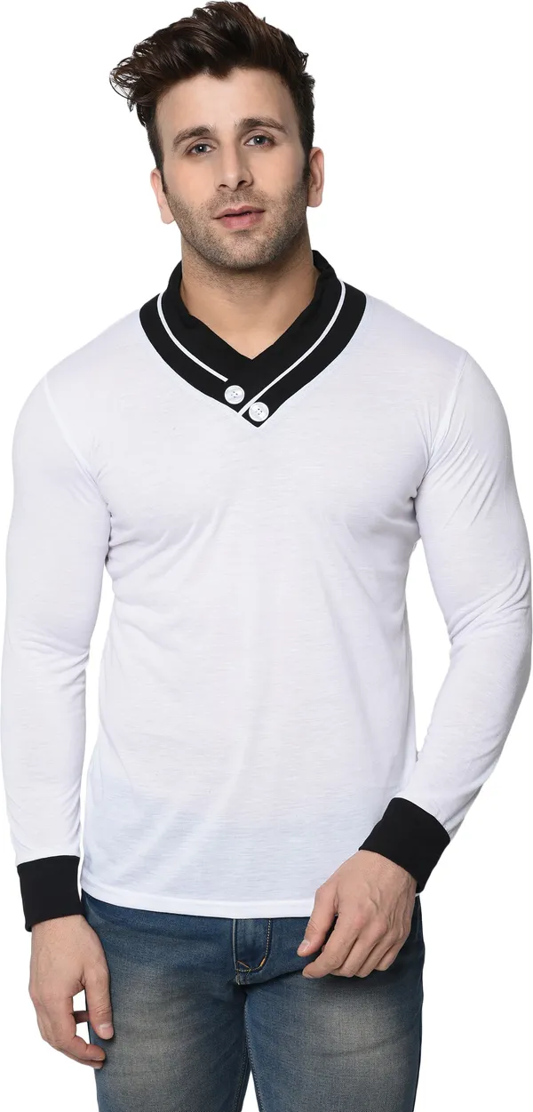 White_Colorblock_Men_Shawl_Neck_White_Regukar_Fit_T-Shirt_For_Men