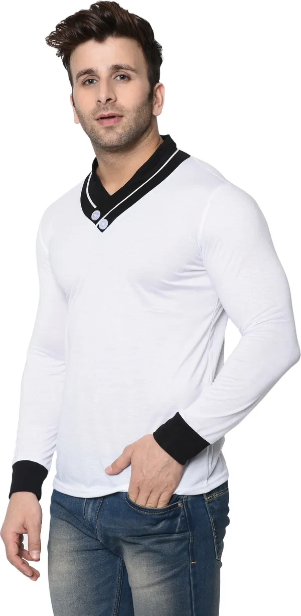 White_Colorblock_Men_Shawl_Neck_White_Regukar_Fit_T-Shirt_For_Men