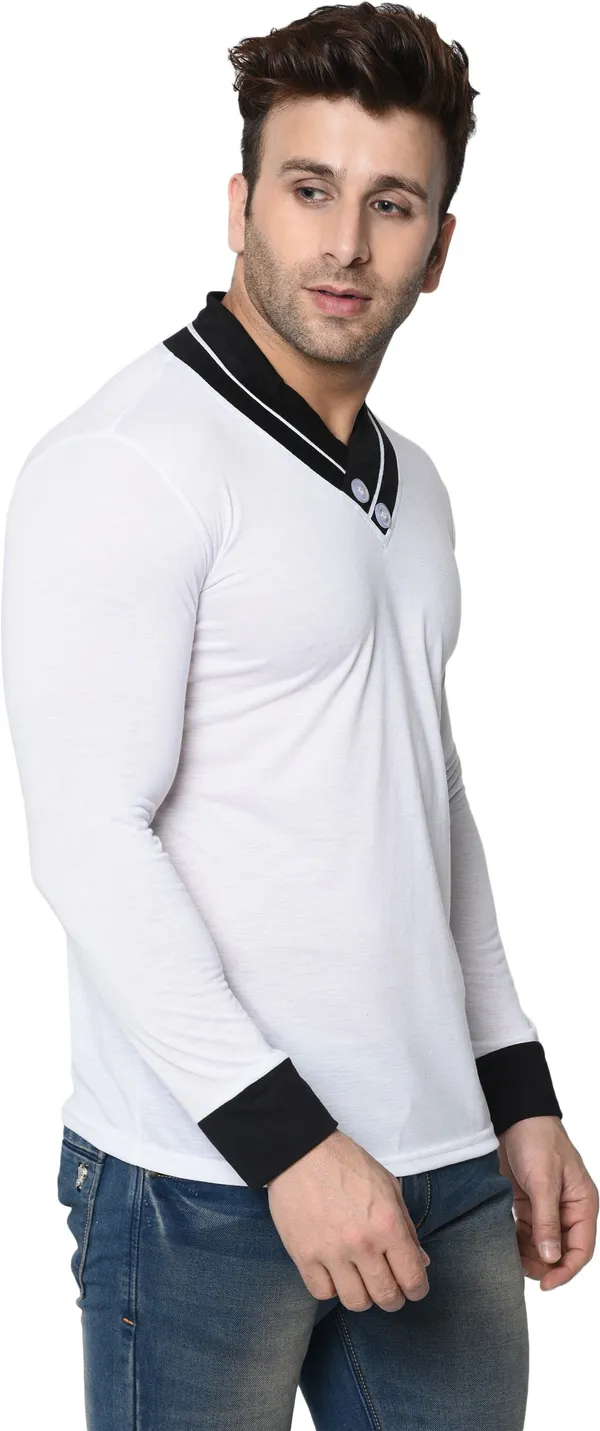 White_Colorblock_Men_Shawl_Neck_White_Regukar_Fit_T-Shirt_For_Men