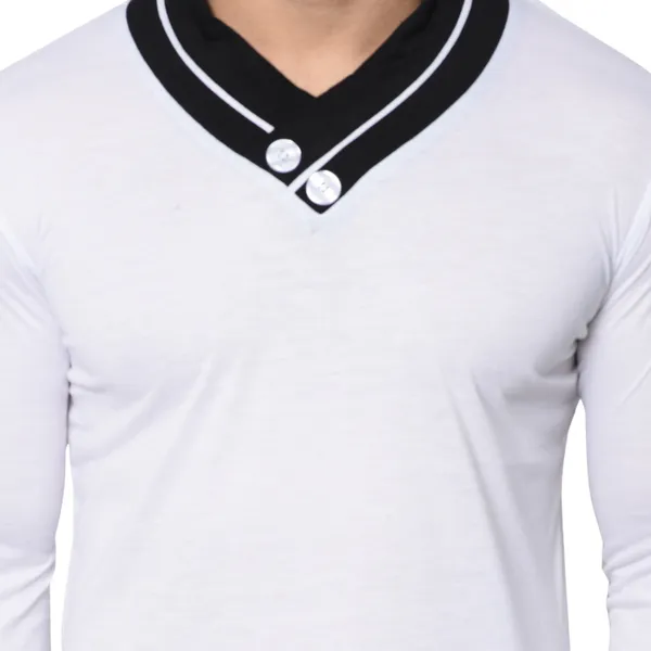 White_Colorblock_Men_Shawl_Neck_White_Regukar_Fit_T-Shirt_For_Men