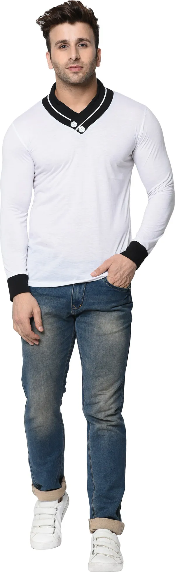 White_Colorblock_Men_Shawl_Neck_White_Regukar_Fit_T-Shirt_For_Men