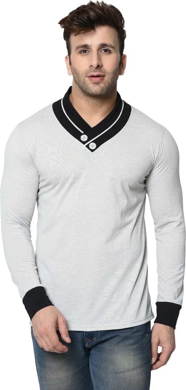 Grey_Colorblock_Shawl_Neck_Regukar_Fit_T-Shirt_For_Men