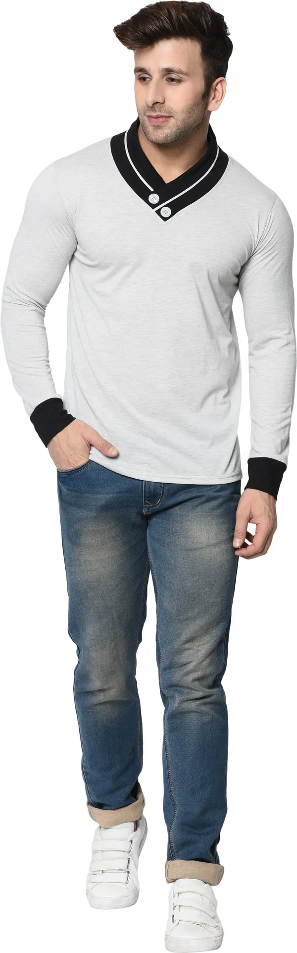 Grey_Colorblock_Shawl_Neck_Regukar_Fit_T-Shirt_For_Men