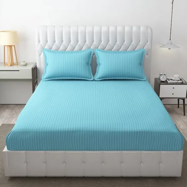 Aqua_Blue_Pure_Cotton_Plain_Stripe_King_Size_Double_Bedsheet_for_Double_Bed_With-Two_Pillow_Covers