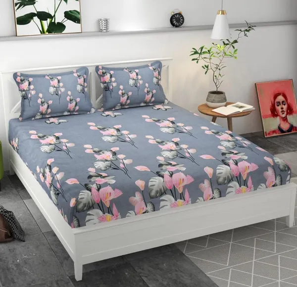 Grey_Floral_210_Microfiber_Queen_Size_Printed_All_Round_Elastic_Fitted_Double_Bedsheet_With-Two_Pillow_Covers(72"x78"x6")