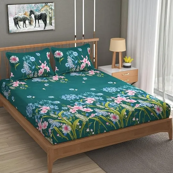 Dark_Green__Cotton_Feel_Abstract_Print_All_Round_Elastic_Fitted_Double_Bedsheet_With-Two_Pillow_Covers(Standard_Size_72"x78"x8")