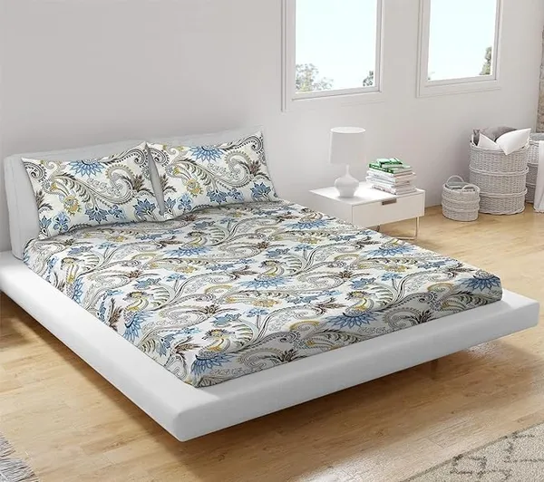 White__Cotton_Feel_Abstract_Printed_All_Round_Elastic_Fitted_Double_Bedsheet_With-Two_Pillow_Covers(Standard_Size_72"x78"x8")