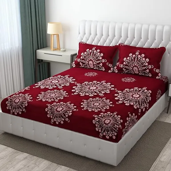 Maroon__Cotton_Feel_Abstract_Printed_All_Round_Elastic_Fitted_Double_Bedsheet_With-Two_Pillow_Covers(Standard_Size_72"x78"x8")
