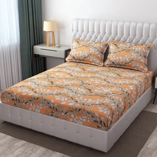 Orange__Cotton_Feel_Abstract_Printed_All_Round_Elastic_Fitted_Double_Bedsheet_With-Two_Pillow_Covers(Standard_Size_72"x78"x8")