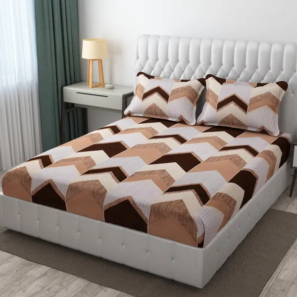 Brown__Cotton_Feel_Abstract_Printed_All_Round_Elastic_Fitted_Double_Bedsheet_With-Two_Pillow_Covers(Standard_Size_72"x78"x8")