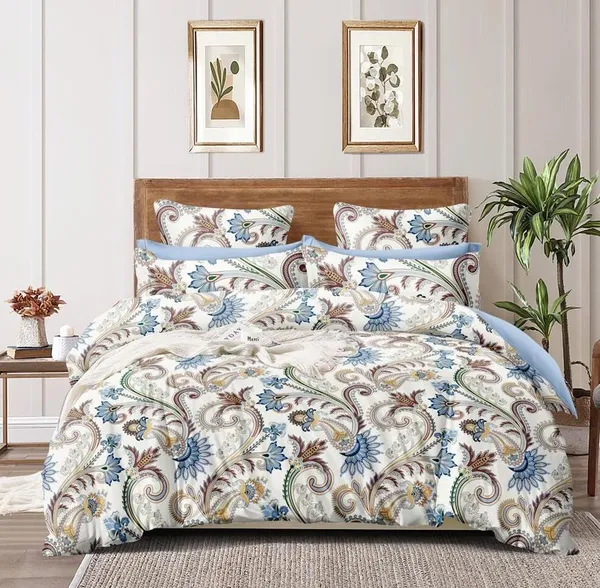 White_And_Blue__Cotton_Queen_Size_Printed_Double_Bedsheet_With-Two_Pillow_Covers(60"x78"_+8"_Fitted)