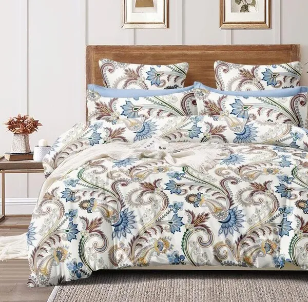 White_And_Blue__Cotton_Queen_Size_Printed_Double_Bedsheet_With-Two_Pillow_Covers(60"x78"_+8"_Fitted)