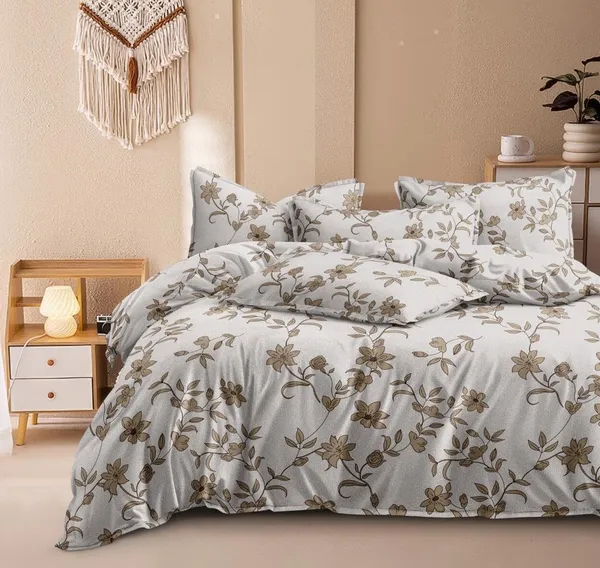 Grey_And_Brown_Floral_Premium_Glace_Cotton_Printed_Super_King_Size_Double_Bedsheet_With-Two_Pillow_Covers,_108*108_Inches