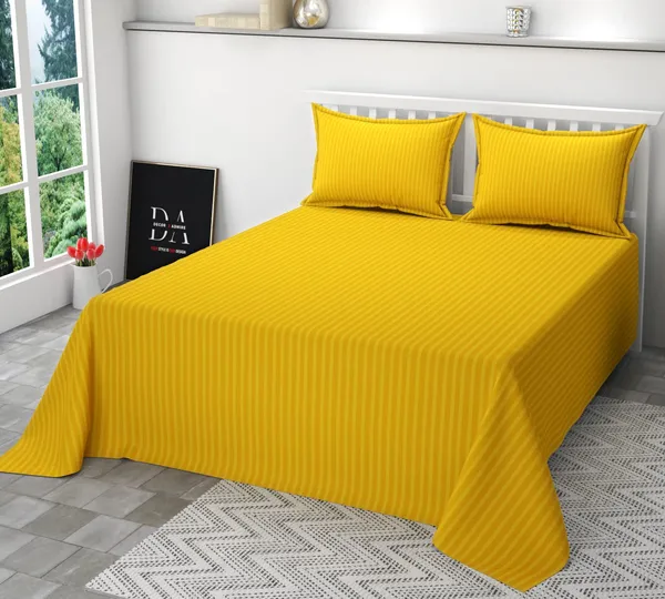 Yellow_Pure_Cotton_Plain_Stripe_King_Size_Double_Bedsheet_For_Double_Bed_With-Two_Pillow_Covers(Super_King)(108*108_Inches)