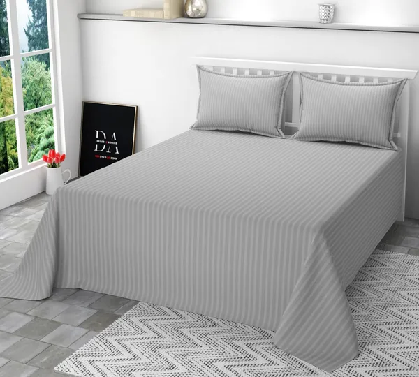 Grey_Pure_Cotton_Plain_Stripe_King_Size_Double_Bedsheet_For_Double_Bed_With_Two_Pillow_Covers