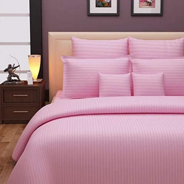 Baby_Pink_Pure_Cotton_Plain_Stripe_King_Size_Double_Bedsheet_For_Double_Bed_With_Two_Pillow_Covers