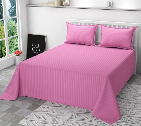 Baby_Pink_Pure_Cotton_Plain_Stripe_King_Size_Double_Bedsheet_For_Double_Bed_With_Two_Pillow_Covers