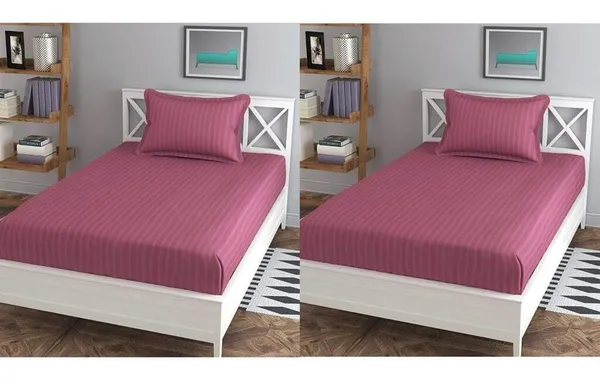 Blush_Pink_Cotton_Plain_Stripe_Two_Single_Bedsheets_With-Two_Pillow_Covers_Hotels(63*100_Inches)(Pack_Of_2)