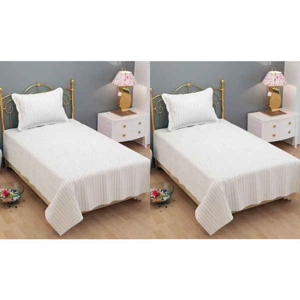 White_Cotton_Plain_Stripe_Two_Single_Bedsheets_With-Two_Pillow_Covers_Hotels(63*100_Inches)(Pack_Of_2,)