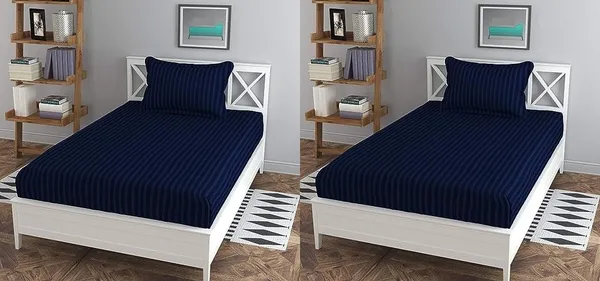 Dark_Blue_Cotton_Plain_Stripe_Two_Single_Bedsheets_With-Two_Pillow_Covers_Hotels(63*100_Inches)(Pack_Of_2)
