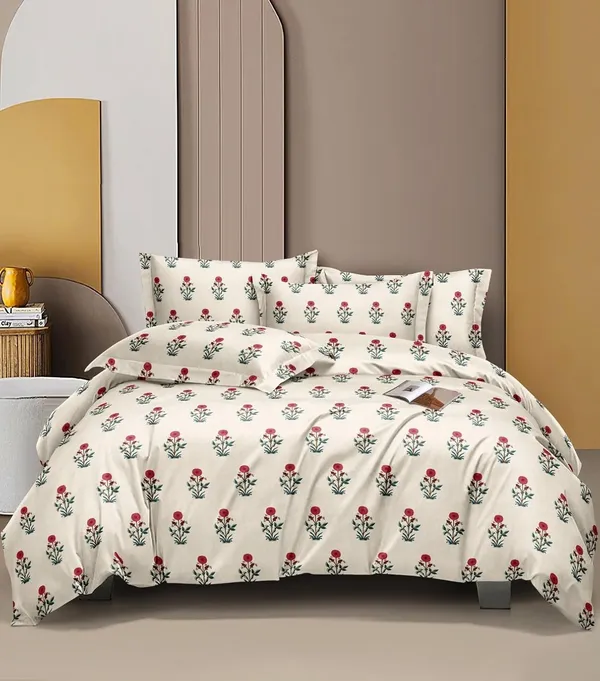 DECOR2ADMIRE_300_TC_Soft_Glace_Cotton_Queen_Size_Abstract_Printed_Premium_Double_Bedsheet_with_Two_King_Size_Pillow_Covers_for_Home_90_Inches_x_100_Inches_(Cream_Mnimal_Floral)