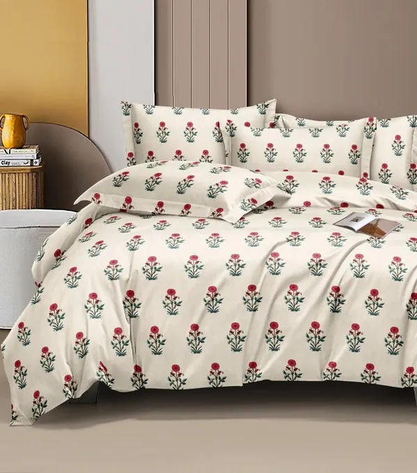 DECOR2ADMIRE_300_TC_Soft_Glace_Cotton_Queen_Size_Abstract_Printed_Premium_Double_Bedsheet_with_Two_King_Size_Pillow_Covers_for_Home_90_Inches_x_100_Inches_(Cream_Mnimal_Floral)