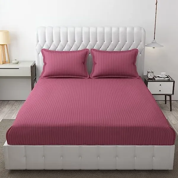 Blush_Pink__Glace_Cotton_All_Round_Elastic_Fitted_Plain_Stripe_Bedsheet_For_Double_Bed_With_2_Pillow_Covers