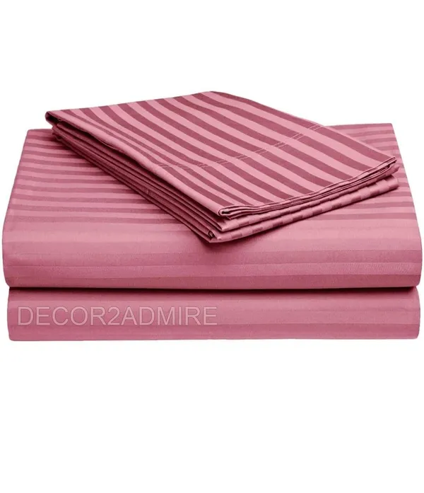 Blush_Pink__Glace_Cotton_All_Round_Elastic_Fitted_Plain_Stripe_Bedsheet_For_Double_Bed_With_2_Pillow_Covers