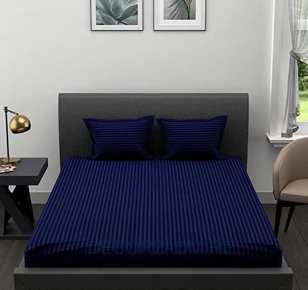 Dark_Blue__Glace_Cotton_All_Round_Elastic_Fitted_Plain_Stripe_Bedsheet_For_Double_Bed_With-2_Pillow_Covers_Queen