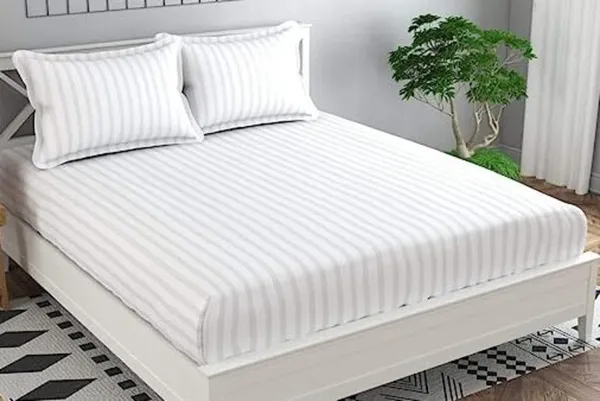 White_-_Glace_Cotton_All_Round_Elastic_Fitted_Plain_Stripe_Queen_Size_Bedsheet-2_Pillow_Covers(90x100''_Or_60"x78"_Fits_Upto-8"_Mattress)