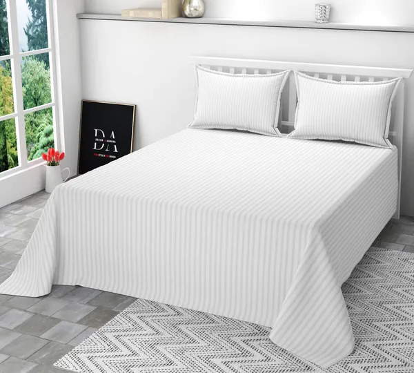 White_-_Glace_Cotton_All_Round_Elastic_Fitted_Plain_Stripe_Queen_Size_Bedsheet-2_Pillow_Covers(90x100''_Or_60"x78"_Fits_Upto-8"_Mattress)
