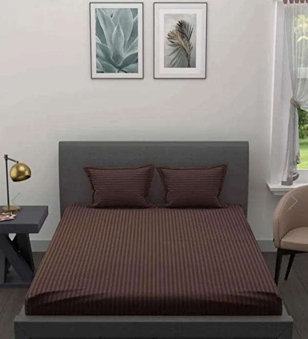 Brown__Glace_Cotton_All_Round_Elastic_Fitted_Plain_Stripe_Bedsheet_For_Double_Bed_With-2_Pillow_Covers(Queen_60"x78"_+8")