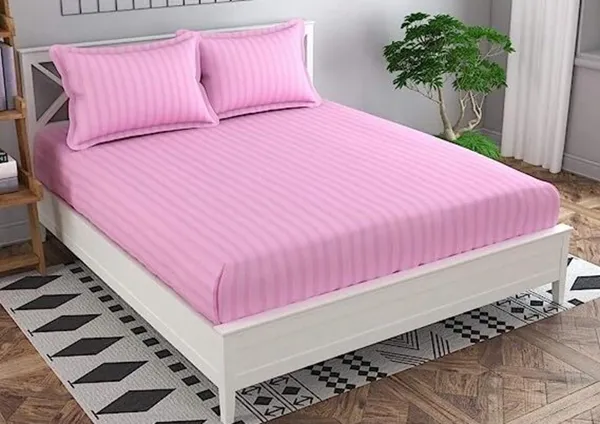Baby_Pink__Glace_Cotton_All_Round_Elastic_Fitted_Plain_Stripe_Bedsheet_For_Double_Bed_With_2_Pillow_Covers