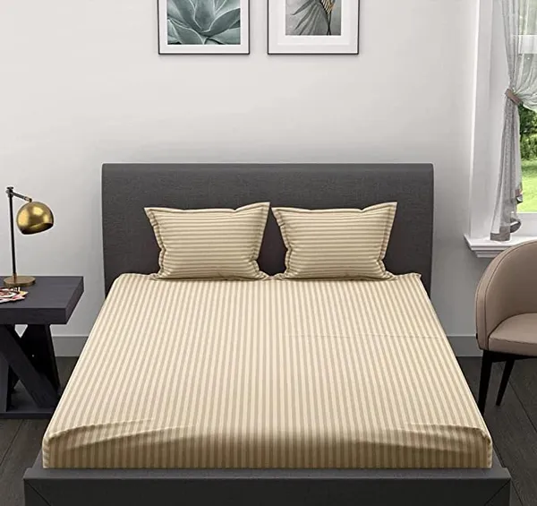 Beige__Glace_Cotton_All_Round_Elastic_Fitted_Plain_Stripe_Bedsheet_For_Double_Bed_With_2_Pillow_Covers