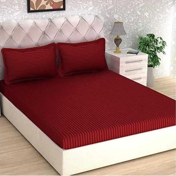 Red__Glace_Cotton_All_Round_Elastic_Fitted_Plain_Stripe_Bedsheet_For_Double_Bed_With_2_Pillow_Cover